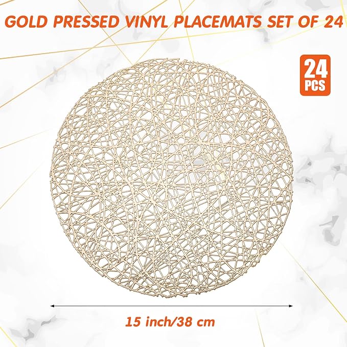 Sieral 24 Packs Gold Round Placemats 15 Inch Hollow Out Pressed Vinyl Place Mats Heat Resistant Woven Gold Placemats for Christmas Dinner Table Winter Holiday Party Wedding Centerpiece Decoration - Image 2