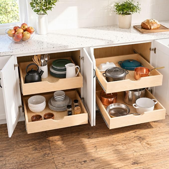 Pull Out Drawers For Cabinets, Soft Close Slide Out Wood Shelves Storage Organizer for Kitchen, Finished, Heavy-Duty, Bottom/Side Mount, 18"W x 21"D x 3"H - Image 2