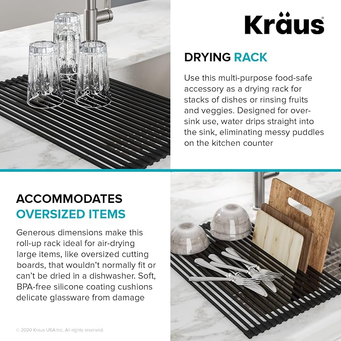 Kraus Roll Up Dish Drying Rack with Self-Draining Silicone Dish Drying Mat and Silicone Soap Dish Holder in Dark Grey, KDM-KRM-10DG - Image 2