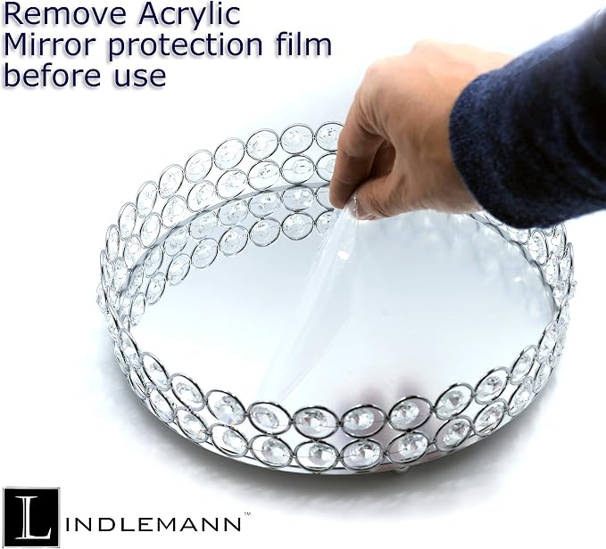 Crystal Decorative Tray Metal Mirrored Perfume Cosmetic Organizer Jewelry Trinket Display Storage Vanity Trays Home Décor Accents Luxury Gift (Round, 10in, Silver) - Image 7