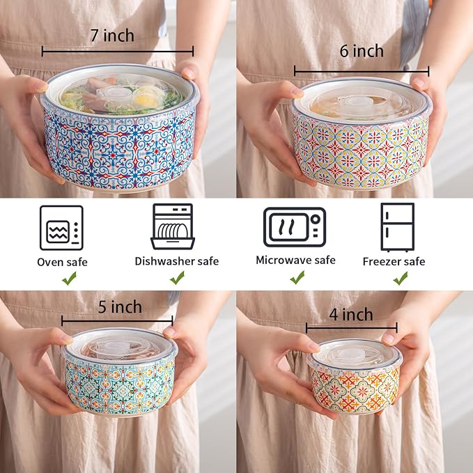 Ceramic Nesting Bowl Set with Lids, Microwave Safe, Set of 4 | Mixing Bowls & Food Storage Containers for Kitchen Prep & Serving (50/32/20/10 oz) - Image 2