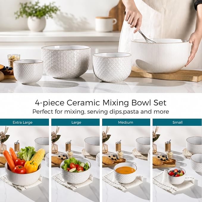 GBhome Ceramic Mixing Bowls Set of 4, Stoneware Nesting Serving Bowls | 150/105/45/20 oz For Prep, Baking, Serving, Gift, Microwave and Dishwasher Safe, Embossed Dishware Collection-Off White - Image 7