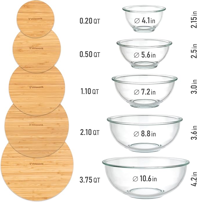 Stackable Space-Saving Set of 5 Nesting Glass Bowls with Bamboo Lids for Foodprep, Storage, Baking, Mixing & Cooking, Microwave & Oven Safe BPA Free Heat Resistant Inert Borosilicate Glass - Image 2