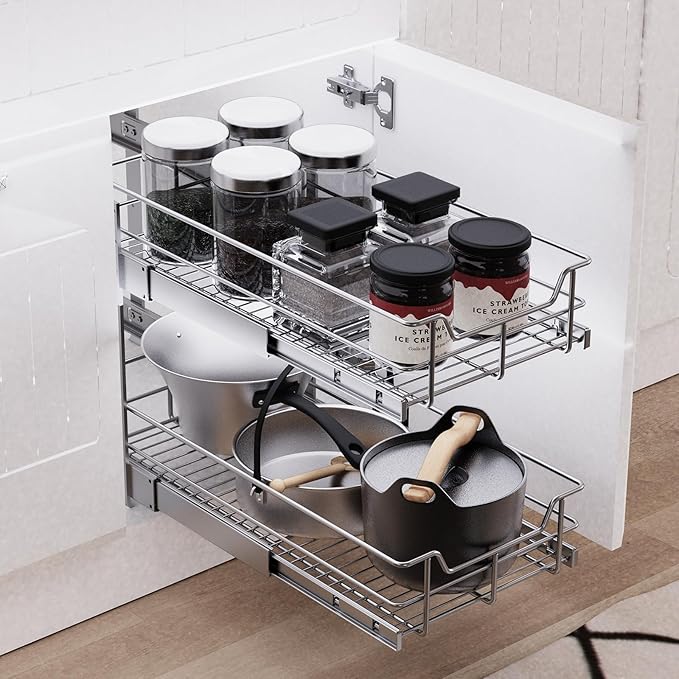 2 Tier Pull Out Cabinet Organizer 21" W X 22" D, Chromed, Full Slide Out | For Kitchen Organizers and Storage, Pull Out Drawers For Cabinets Capacity Heavy Duty Caddy, Cabinet Shelves, Bathroom Pantry - Image 6
