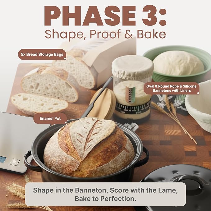 Super All-Inclusive  Sourdough Starter Kit with Pot - Sourdough Bread Baking Supplies, Scale, Oval & Round Baking Slings, 4 proofing Baskets, Bowl, Timer, Beginner Guide Recipes - Image 5