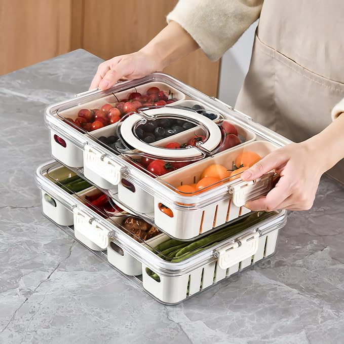 2Pack Divided Snackle Box with Lids Stackable Food Serving Tray for Fruit&Veggie Plastic Fridge Storage Container for Pantry Freezer Clear Snack Box for Meal Prep Candy Nuts Spice - Image 3