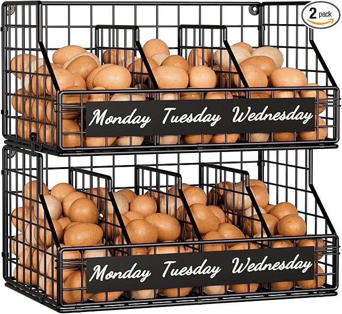 Egg Basket, Stackable Wall Mount Egg Holder Countertop with Weekday Labels | Rustproof carbon steel basket with adjustable dividers, ideal for backyard poultry, small kitchen & pantry storage, Black by FAMIDGE