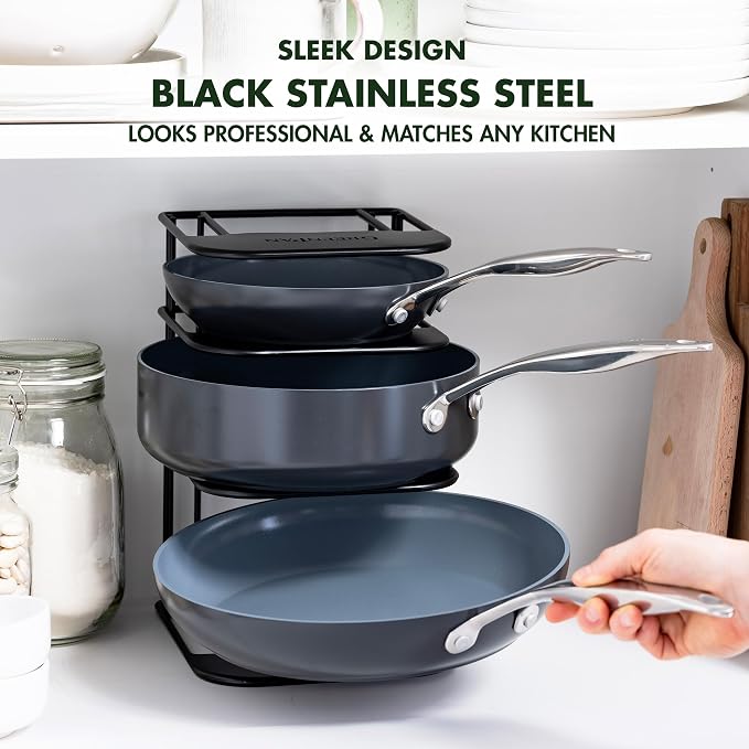 GreenPan Stainless Steel Wire Cookware Storage Rack, 5 Frying Pan Compartments, Countertop or Cabinent Organizer, Minimizes Clutter, Fast Drying, Wipes Clean, Black - Image 2