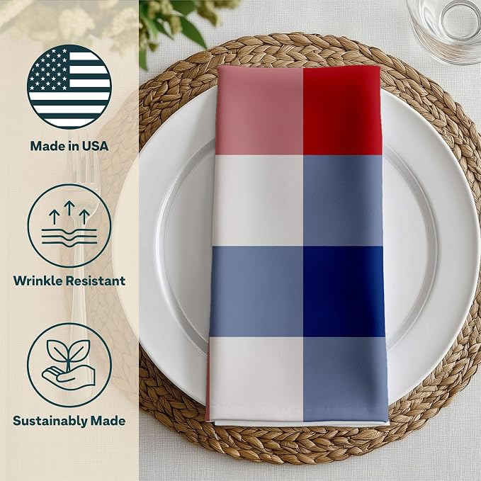 Red White and Blue Plaid Cloth Napkins | Checkered Linen Fourth of July Table Decorations | Gingham | Absorbent, Washable, Reusable, Stain & Wrinkle Resistant | Made in America - 6pack - Image 3