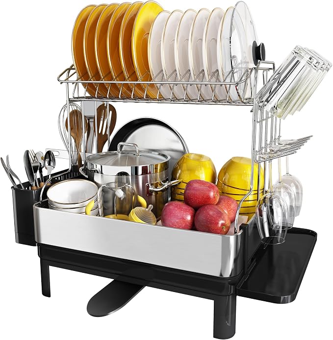 2 Tier Large Stainless Steel Dish Drying Rack with Drain Board | Space Saving, Rust Proof Metal, Automatic Drainage Drainer for Kitchen Counter, Modern Black and Silver for Pots and Pans by Boosiny