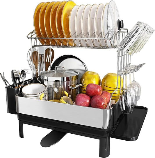 2 Tier Large Stainless Steel Dish Drying Rack with Drain Board | Space Saving, Rust Proof Metal, Automatic Drainage Drainer for Kitchen Counter, Modern Black and Silver for Pots and Pans by Boosiny