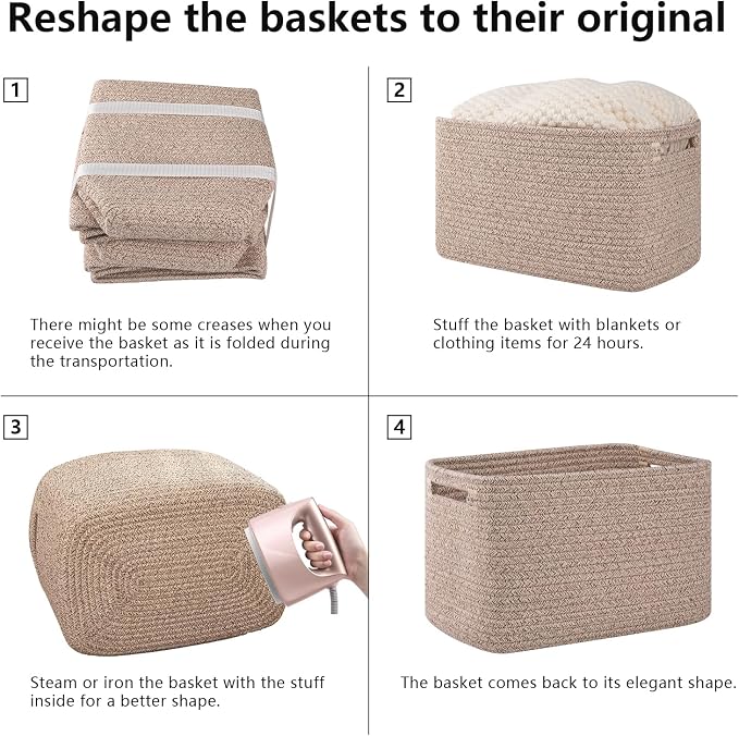 OIAHOMY 4 Pack Storage Baskets for Organizing, Cube Storage Bins for Shelves, Rectangle Storage Baskets With Handles, Woven Baskets for Storage, 16''Lx12''Wx8''H, Brown - Image 7