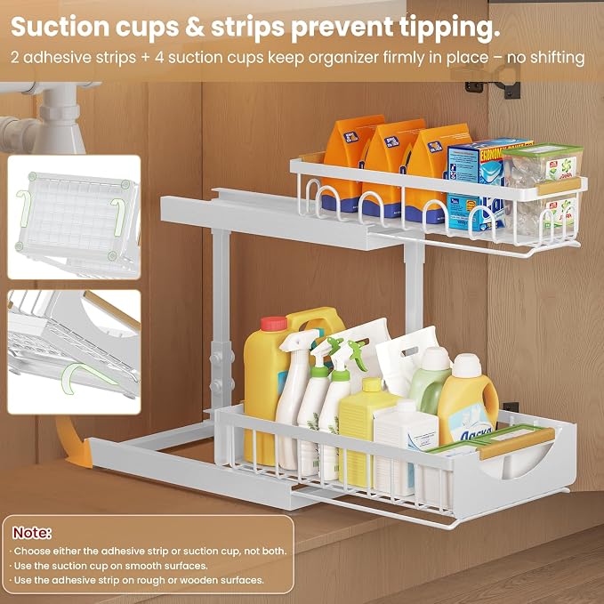 Under Sink Organizer and Storage 2 Tier Cabinet Pull Out Shelf Organizers | 2 Pack 2 Tier under sink storage for Bathroom and Kitchen Slide Out Drawer Organization for Home Cabinets Shelves and Drawers - Image 6