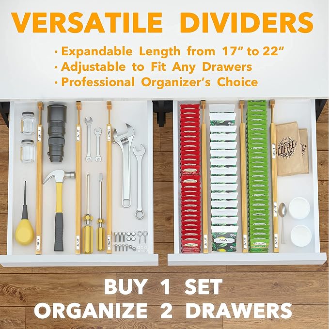 SpaceAid Bamboo Drawer Dividers with Labels, Kitchen Adjustable Drawer Organizers, Expandable Organization for Home, Office, Dressers and Bathroom, 6 Dividers (17-22 in) - Image 6
