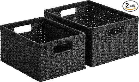 StorageWorks Wicker Storage Baskets for Organizing, Black Baskets, 2-Pack | Paper Rope Wicker Baskets with Handles, Black Storage Baskets for Shelves, Black Wicker Baskets, Woven Baskets by StorageWorks