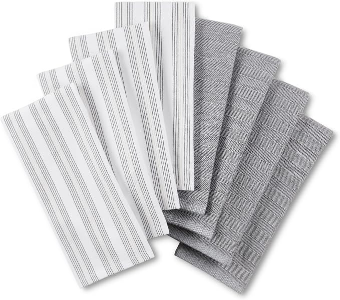 KitchenAid Chambray Stripe Kitchen Towels 8-Pack, Absorbent 100% Woven Cotton, Matte Black/White, 17”x28” by KitchenAid