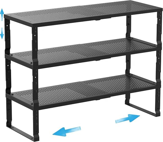 Expandable Spice Rack Kitchen Cabinet Shelf Organizer, Stackable Storage Shelves Racks, Adjustable Counter Shelving for Cabinets, Countertop, Cupboard,Pantry and More(3Packs/Black/Large) by Goodqualityproducts