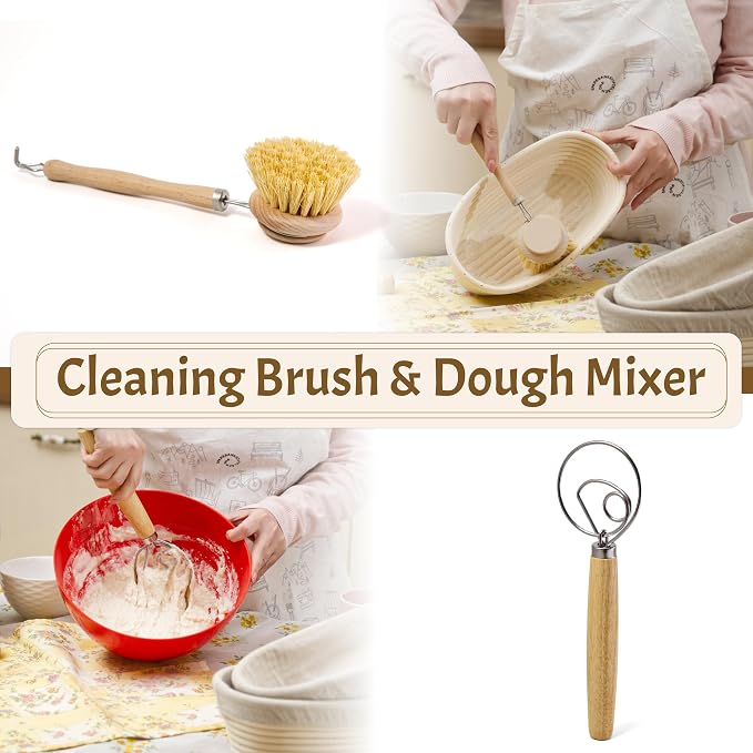 11" Oval Banneton Proofing Basket Set of 2 - Sourdough Starter Kit with Bread Lame, Danish Whisk, Metal & Bowl Scrapers, Cleaning Brush - Professional Artisan Baker Gift Set - Image 4