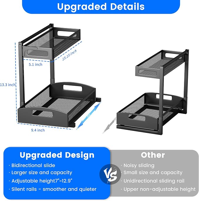 Petiza Under Sink Organizer,2 Pack Height Adjustable Under Sink Organizers and Storage, 2 Tier Under Sink Storage for Kitchen Bathroom Cabinet - Image 2