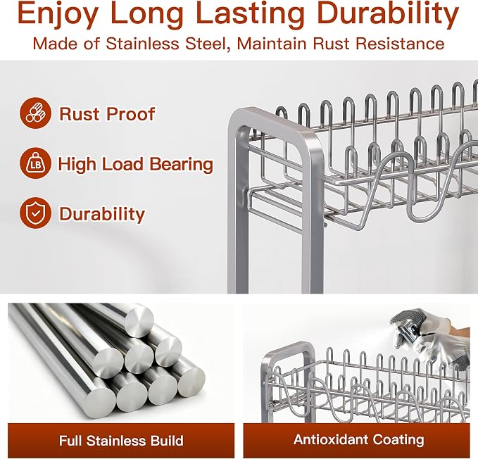 2 Tier Large Stainless Steel Dish Drying Rack for Kitchen Counter | Big Dish Drainer with Drainboard, Cup & Utensil Holder, Space Saving Rustproof Countertop Metal Plate Dryer Rack, Fast Drain - Image 4