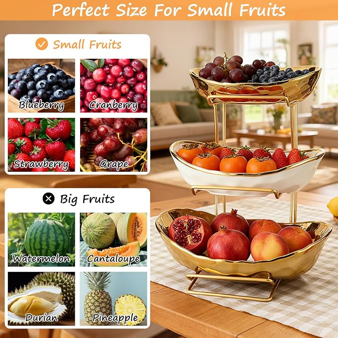 3 Tier Ceramic Fruit Bowl for Kitchen Counter with Metal Rack, Fruit Basket with Stand, Porcelain Bowls for Vegetable Bread Candy Snack Nuts Dessert Cake Tray (Gold 3 Layer) - Image 6