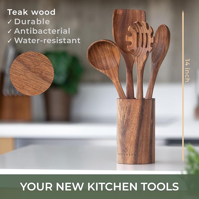 WALDWERK Wooden Spoons for Cooking – 4-Piece Kitchen Utensils Set with Teak Wood Spoons, Spatula, Pasta Server & Holder – Wooden Utensil Set – Cooking Utensils – Utensil Sets - Non Toxic - Image 3