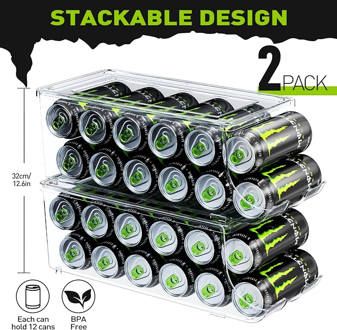SCAVATA 2 Pack Tall Skinny Can Organizer for Refrigerator, Stackable Large Soda Cans of 16oz & 17oz Beverage Energy Drink Container Holder Dispenser with Lid for Fridge, Clear Storage Plastic Bins - Image 2