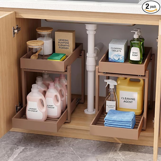 MHXW SXPN Bamboo Under Sink Organizer, 2 Pack Pull Out Cabinet Organizer | 2 Tier Vertical Smooth Slide Out Undersink Storage Shelf | Multi-Purpose Organizer Shelves for Kitchen Bathroom Medicine by MHXWSXPN