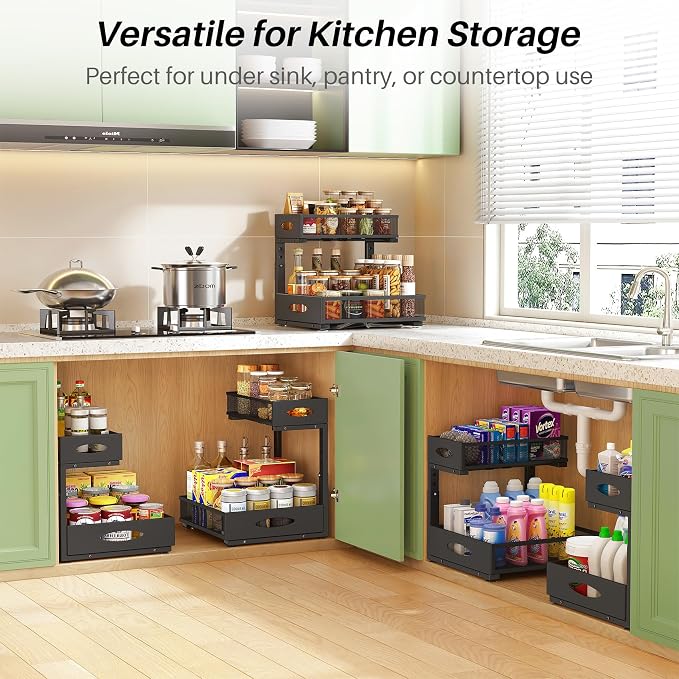 Under Sink Organizer, 2-Pack Pull Out Cabinet Organizer 2 Tier Metal Slide Out Storage Shelf Rack, L-Shaped Adjustable Height,Mesh Sliding Drawer for Kitchen, Bathroom, Laundry, Pantry, Black, XL - Image 8