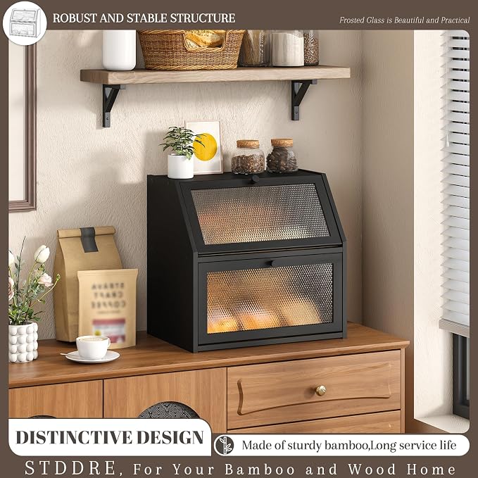 STDDRE Bread Box for Kitchen Countertop Bin Double Layer Bread Box Storage Container Extra Large Capacity with Diamond Pattern Windows (Black, Extra Large) - Image 2