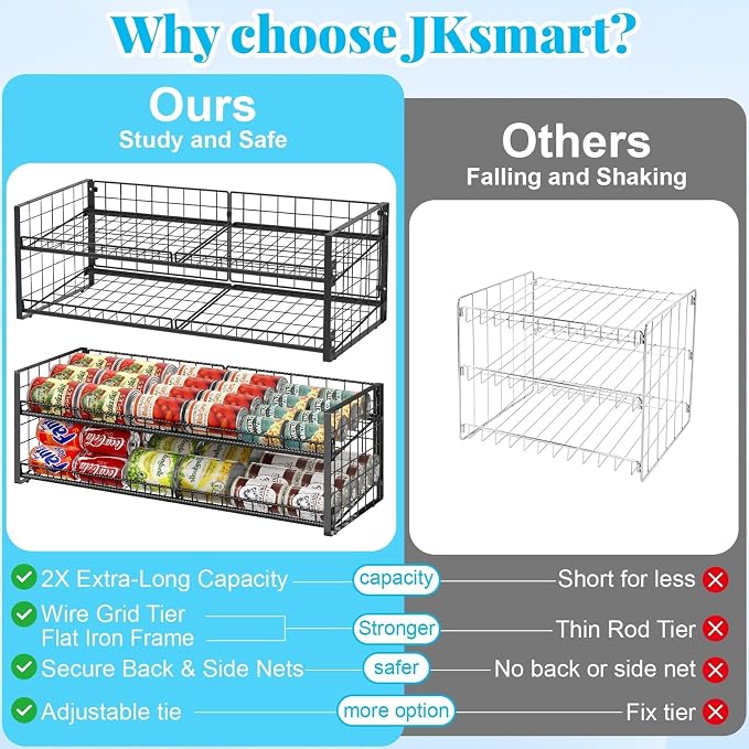 2-Tier Stackable Can Rack Organizer for Pantry Shelf, Extra-Long Can Holder for Kitchen Organization,Heavy Duty Can Dispenser for Canned Food Soup Goods up to 64 in Cabinet Storage, Black - Image 7