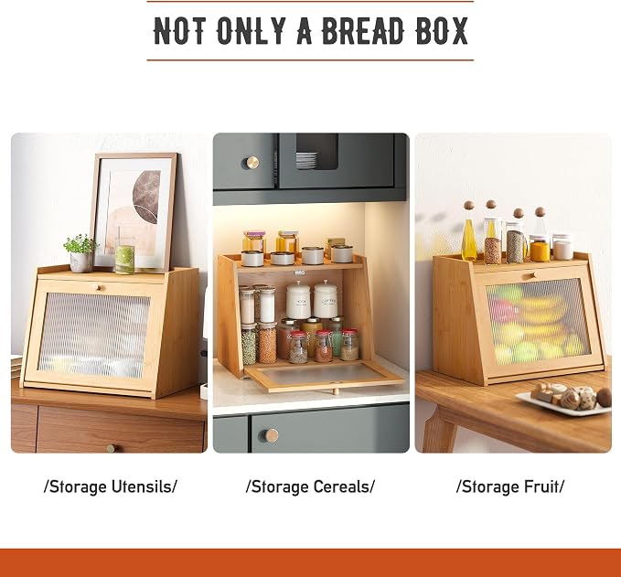 GHWIE Large Bread Box, Easy Access & Cleaning - Bamboo Bread Box for Kitchen Countertop with Acrylic Door (Natural, Large) - Image 3