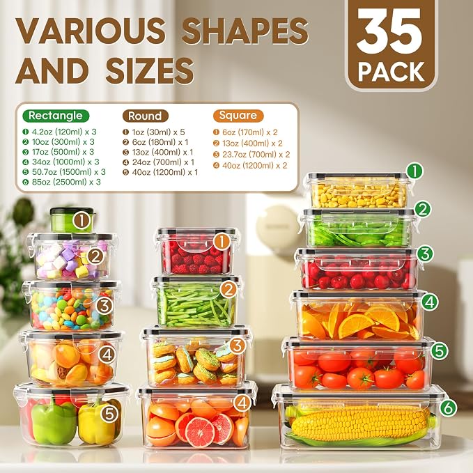 KEMETHY 70 PCS Food Storage Containers with Lids Airtight, Total 856oz, BPA-free, Food-grade, Eco-friendly Material, Leak Proof Plastic Containers, Microwave/Dishwasher Safe - Image 2