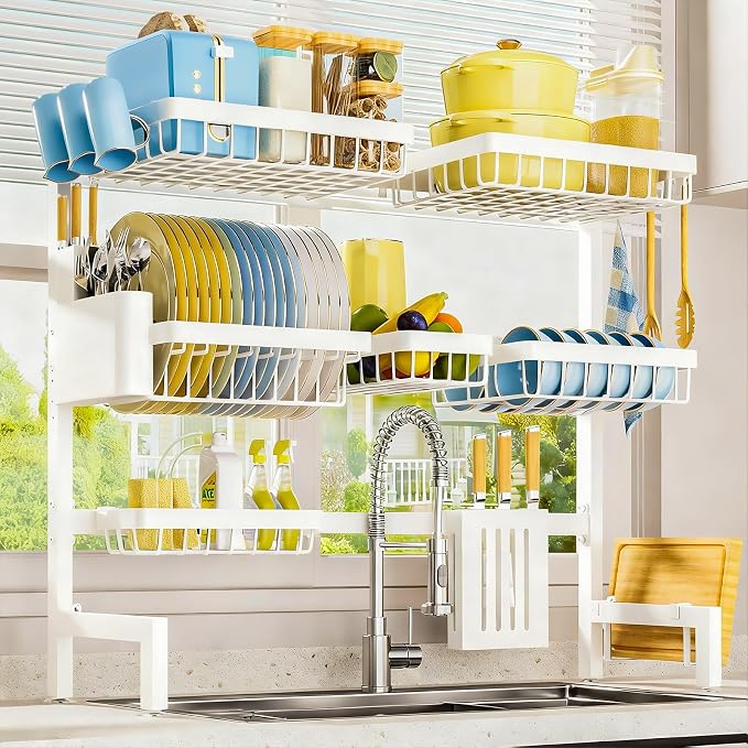Sakugi Dish Drying Rack Over The Sink, Dish Drainer for Kitchen Counter | Stainless Steel Storage Organizer with Utensil Knife Holder & Hooks, Adjustable 11.8"Dx31.5"~39"Wx30"H, White by Sakugi