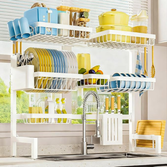 Sakugi Dish Drying Rack Over The Sink, Dish Drainer for Kitchen Counter | Stainless Steel Storage Organizer with Utensil Knife Holder & Hooks, Adjustable 11.8"Dx31.5"~39"Wx30"H, White by Sakugi