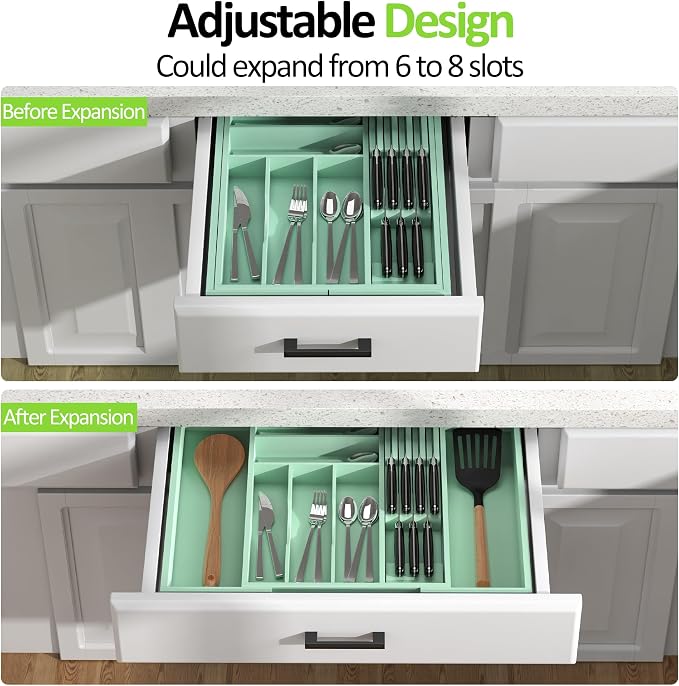 Bamboo Kitchen Drawer Organizer, Expandable Silverware Organizer with Removable Knife Block, 6-8 Slots- Utensil Holder & Cutlery Tray Drawer Dividers, 2.36" Deep for Extra Capacity, Cyan - Image 3