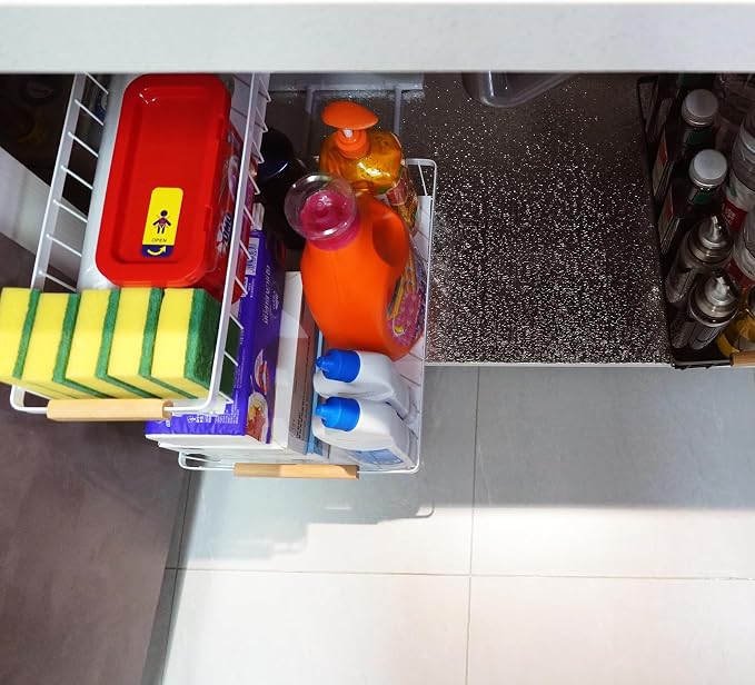 Under Sink Organizer 2 Pack, 2 Tier Pull Out Cabinet Organizers and Storage for Kitchen Bathroom Pantry Laundry, Adjustable Height, Slide Out Thickened Metal Storage Shelf (White, 2 Pack) - Image 9