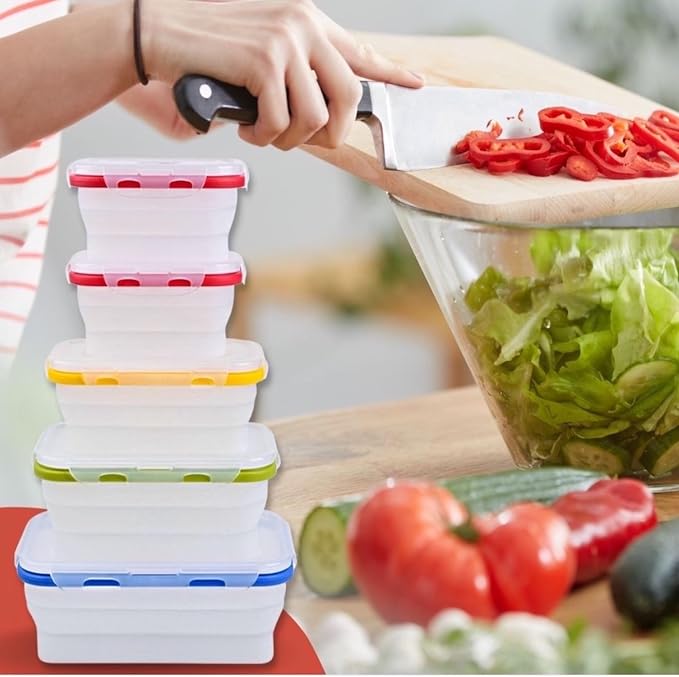 Collapsible Food Storage Containers, 5 Piece, 12-40 oz | Silicone, Airtight Lids, Space-Saving, Reusable Meal Prep, Microwave, Freezer & Dishwasher Safe - Image 2