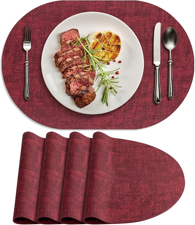 Placemats for Dining Table Set of 4 Non-Slip, Heat Resistant Oval Leather Placemat Double Layer, Waterproof Table Mats Easy to Clean for Kitchen Dining Room Coffee Office Table, Wine Red by Delicateandelegantplacemats