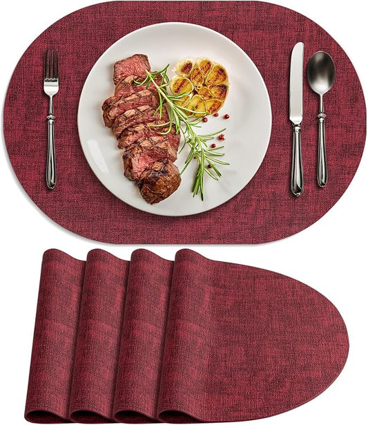 Placemats for Dining Table Set of 4 Non-Slip, Heat Resistant Oval Leather Placemat Double Layer, Waterproof Table Mats Easy to Clean for Kitchen Dining Room Coffee Office Table, Wine Red by Delicateandelegantplacemats