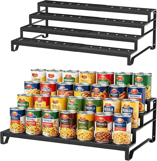 Expandable Can Organizer for Pantry, 4 Tier Metal Canned Food Storage 2Pack | 13"-21" Adjustable Length, Tiered Reversible Shelf Design, Large-Capacity Storage for Kitchen Cabinets & Countertops by Attelite
