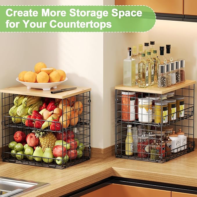 4 Pack Stackable Wire Baskets for Pantry Organizers and Storage, Pantry Baskets with Fixed Wooden Top, Fruit and Vegetable Storage Bins for Organizing Onion Potato Snack for Kitchen Cabinet/Countertop - Image 2