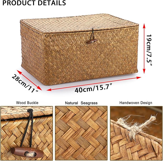 Hipiwe Wicker Shelf Baskets Bin with Lid Handwoven Storage Basket, X-Large | Rectangular Basekts Bins Natural Seagrass Household Basket Boxes for Shelf Wardrobe Home Organizer, Caramel - Image 5