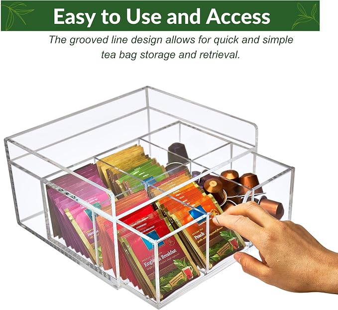 Heavy-Duty Acrylic Tea Station with 6-Compartment Drawer Organizer | Versatile Design: Features a smooth-sliding drawer with 6 compartments, plus a sturdy station top for coffee pods or mugs - Image 4