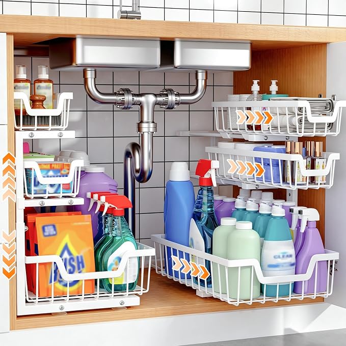 Under Sink Organizer, 2-Pack 3-Tier Height Adjustable Thickened Metal Pull out Cabinet Organizer Shelf, Slide out Storage Drawer Rack for Bathroom Kitchen Pantry Home Laundry Organization (White) by Unknown