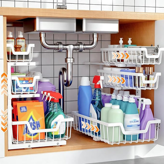 Under Sink Organizer, 2-Pack 3-Tier Height Adjustable Thickened Metal Pull out Cabinet Organizer Shelf, Slide out Storage Drawer Rack for Bathroom Kitchen Pantry Home Laundry Organization (White) by Unknown