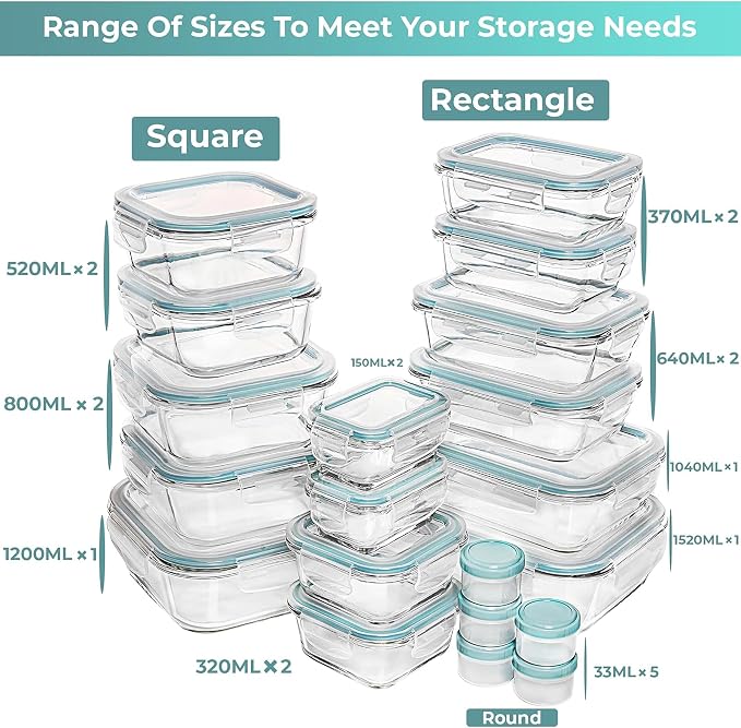 Razab 35 Pc Set Glass Food Storage Containers with Lids - Meal Prep Airtight Bento Boxes BPA-Free 100% Leak Proof (15 lids,15 glass & 5 Plastic Sauce/Dip Containers) - Image 2