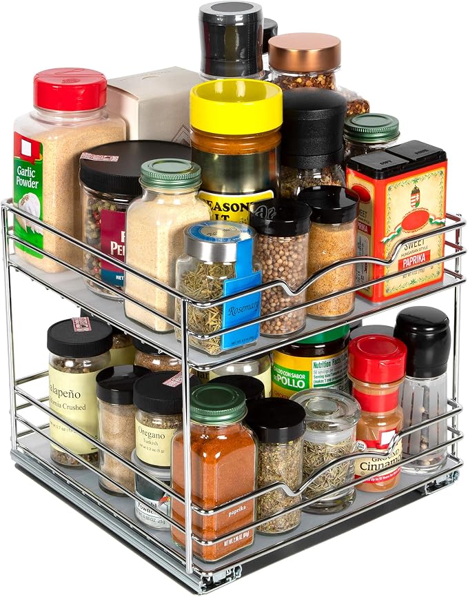 Pull-Out Cabinet Spice Rack Organizer 2-Tier, 10 ½"W x 10 ⅜"D x 8 ⅞"H | Slim Slide-Out Storage for Spices, Bottles & Jars, Premium Heavy-Duty Steel, Easy Install for Narrow Kitchen Cabinets, Chrome - Image 8