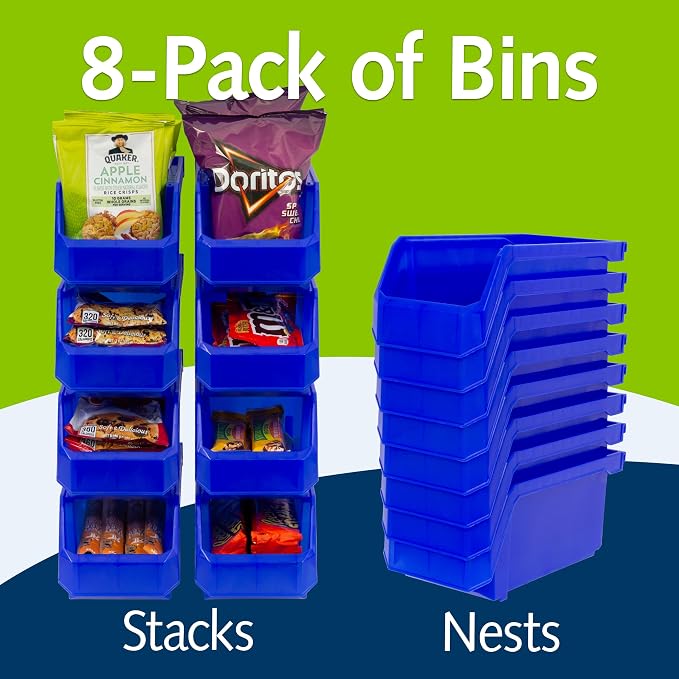 Medium Stackable Plastic Storage Bins, 8-Pack, Blue | Open-Front Stackable Bins For Garage, Pantry, Closet & Office, 11"L X 5,5"W X 5"H, Nests When Empty, Durable Plastic, - Image 5