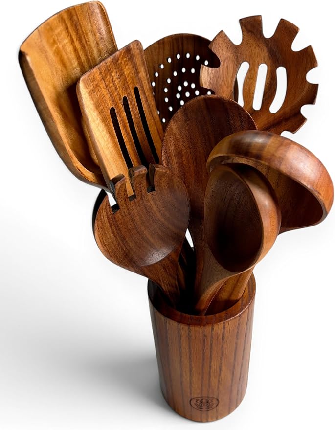 Wooden Cooking Utensils Set – Coki Home 9-Piece Teak Wood Kitchen Utensils with Holder, Nonstick Safe, Plastic-Free, Food-Safe Cooking Tools by Unknown